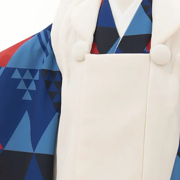 七五三レンタル(3歳女被布)Y368 ベージュ×青 幾何学模様