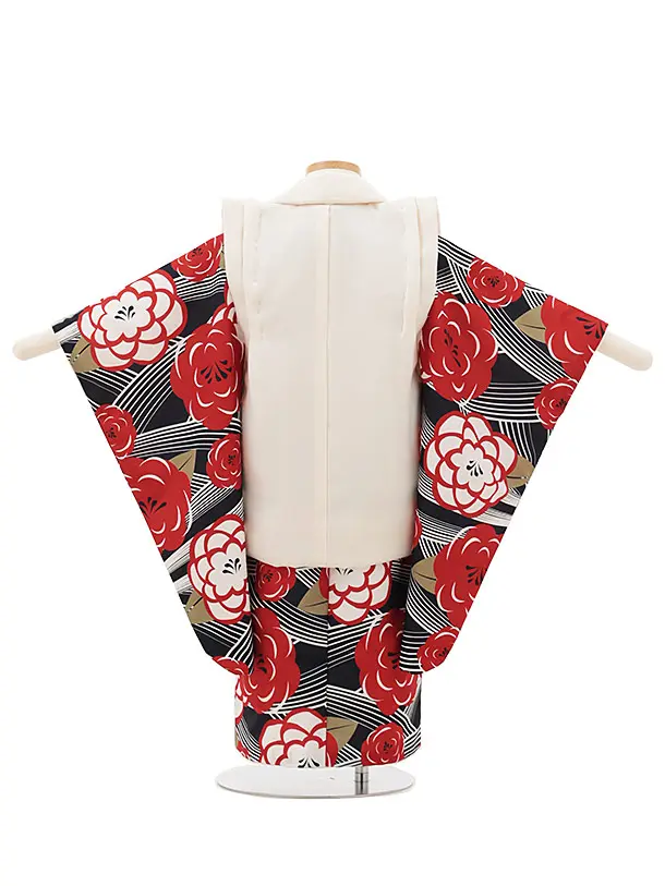 七五三レンタル(3歳女被布)Y369 ベージュ×赤 モダン牡丹