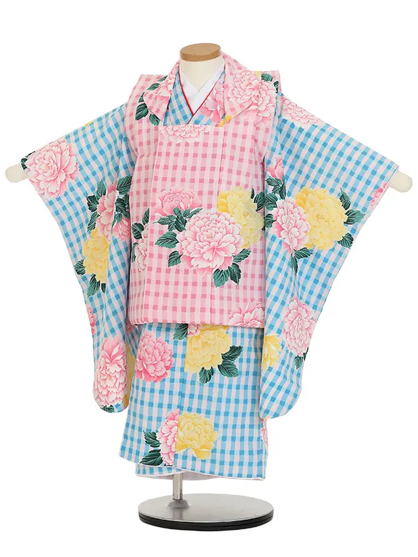 七五三レンタル(3歳女被布)Y374 ピンク×水色 牡丹に格子