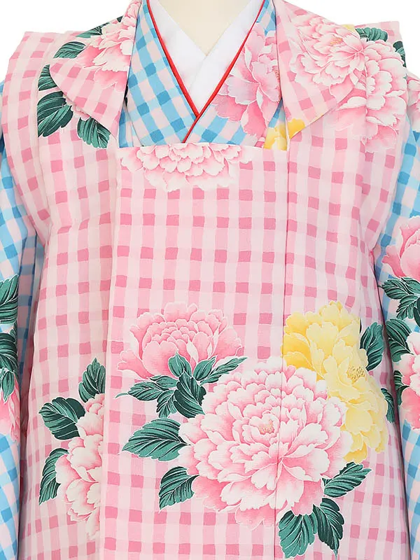 七五三レンタル(3歳女被布)Y374 ピンク×水色 牡丹に格子