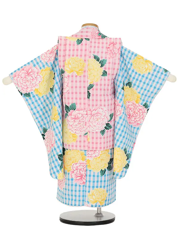 七五三レンタル(3歳女被布)Y374 ピンク×水色 牡丹に格子