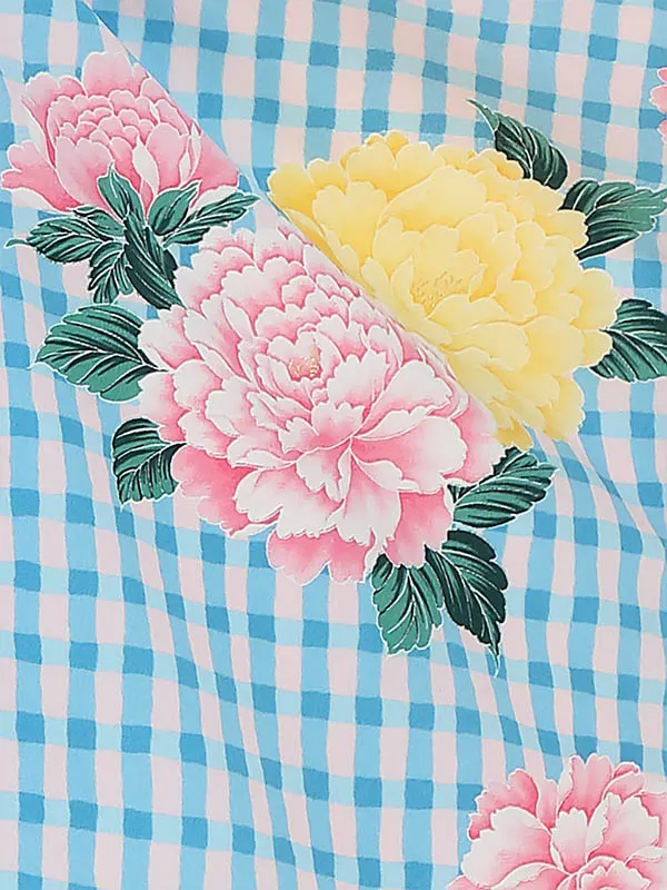 七五三レンタル(3歳女被布)Y374 ピンク×水色 牡丹に格子