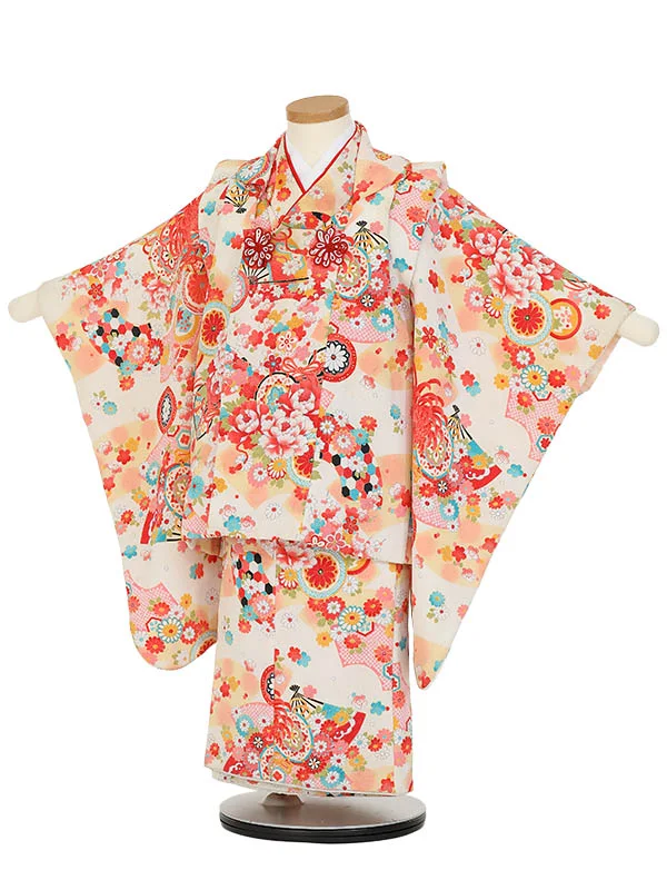 七五三レンタル(3歳女被布)Y375 吉祥文様 菊に鼓 四季の花々 地紙