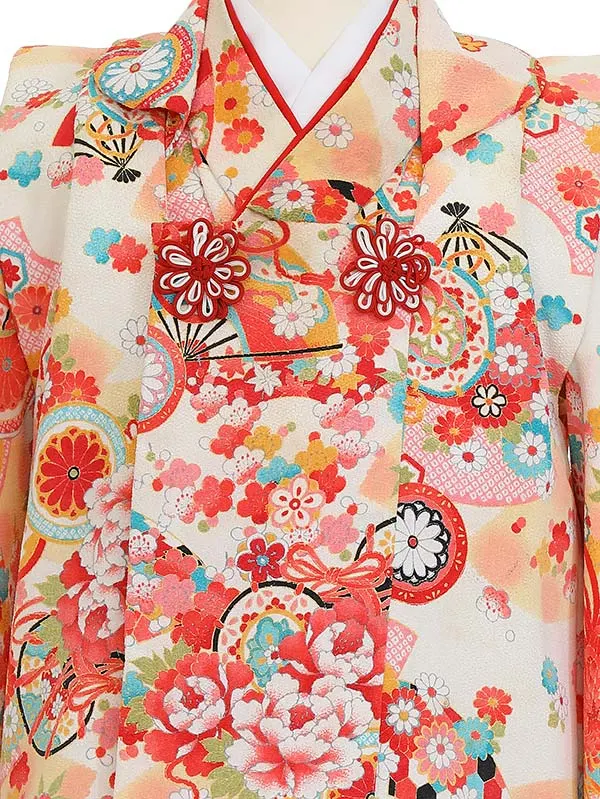 七五三レンタル(3歳女被布)Y375 吉祥文様 菊に鼓 四季の花々 地紙