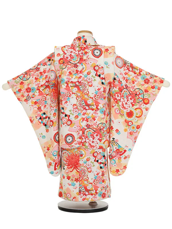 七五三レンタル(3歳女被布)Y375 吉祥文様 菊に鼓 四季の花々 地紙