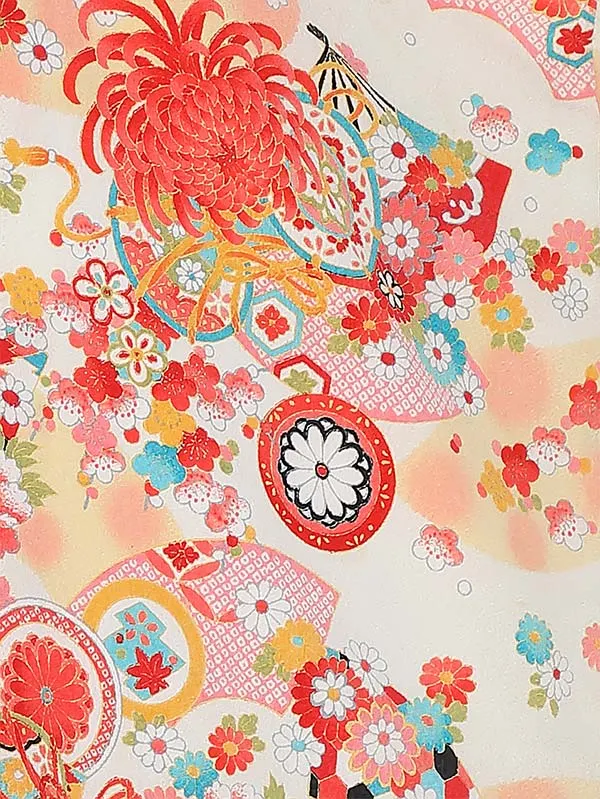 七五三レンタル(3歳女被布)Y375 吉祥文様 菊に鼓 四季の花々 地紙