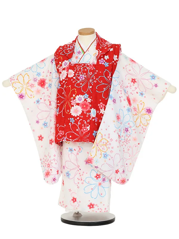 七五三レンタル(3歳女被布)Y376 赤×白 秋桜に花小紋
