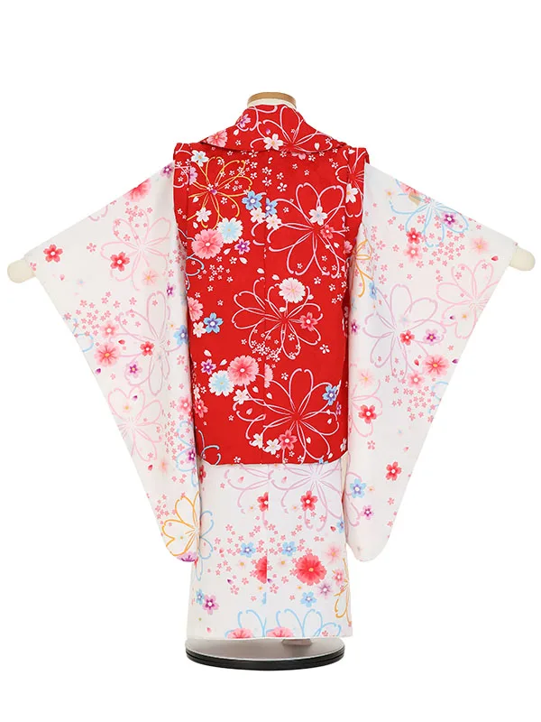 七五三レンタル(3歳女被布)Y376 赤×白 秋桜に花小紋