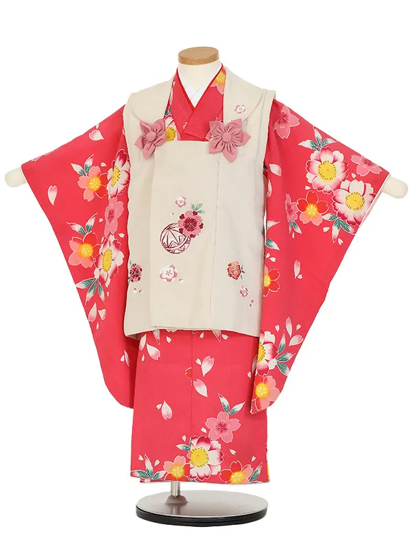 七五三レンタル(3歳女被布)Y377 ベージュ×赤 桜散らし