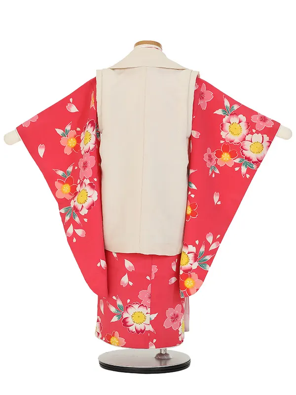 七五三レンタル(3歳女被布)Y377 ベージュ×赤 桜散らし