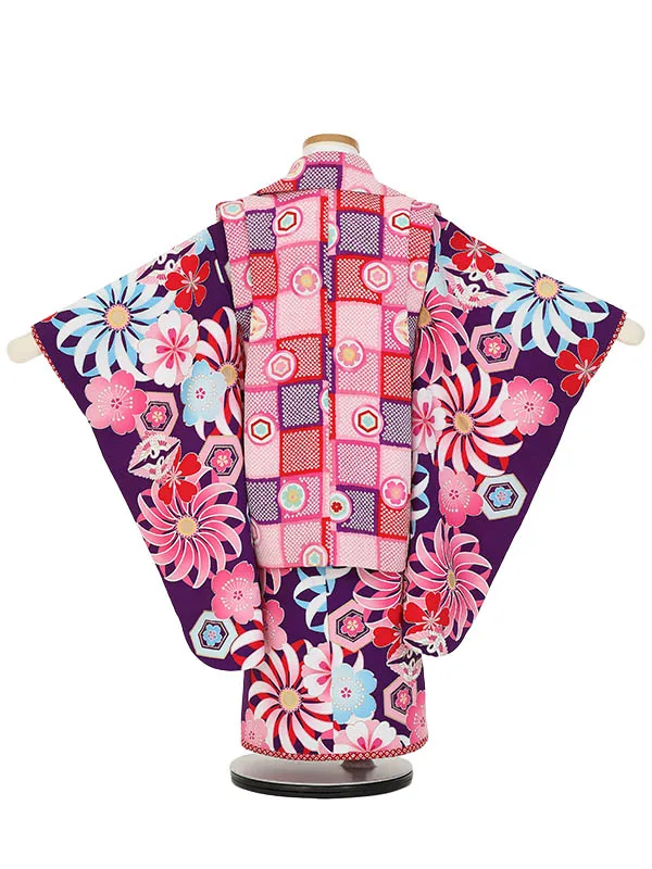 七五三レンタル(3歳女被布)Y378 ピンク×紫 菊に桜 丸紋 向鶴