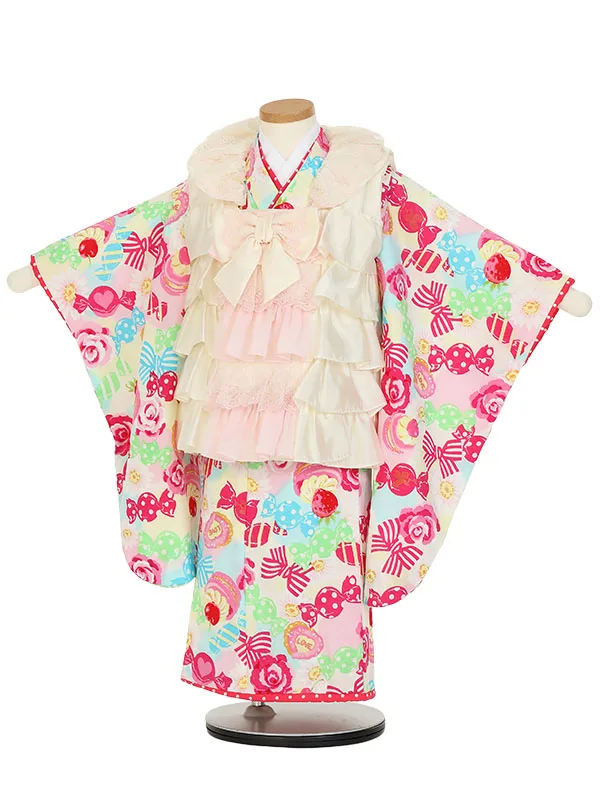 七五三レンタル(3歳女被布)Y379 フリル被布 パステル スイーツ リボン