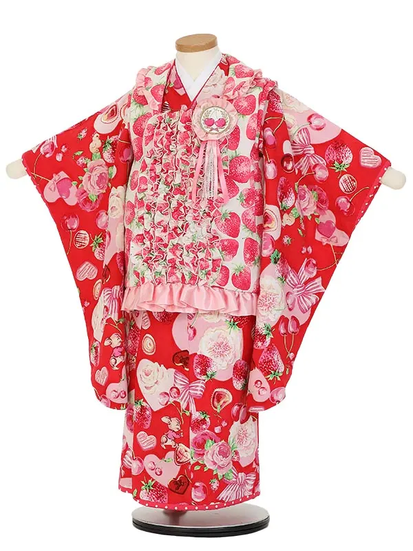 七五三レンタル(3歳女被布)Y381 白×赤 苺 フリル被布 ハートに薔薇