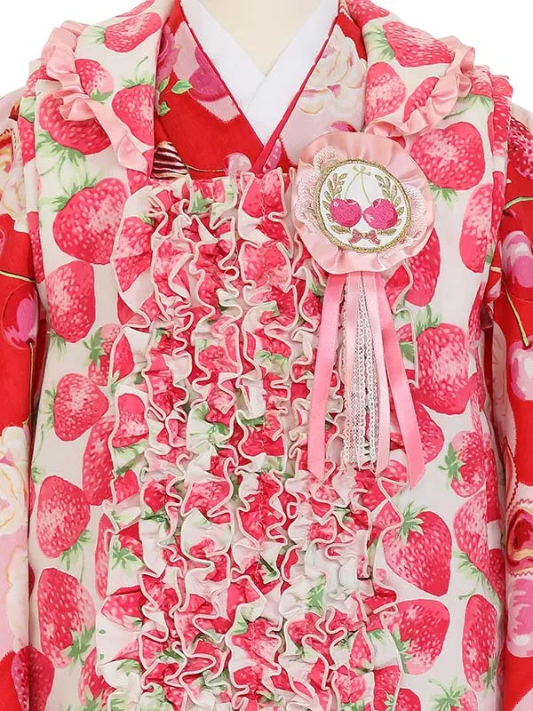 七五三レンタル(3歳女被布)Y381 白×赤 苺 フリル被布 ハートに薔薇