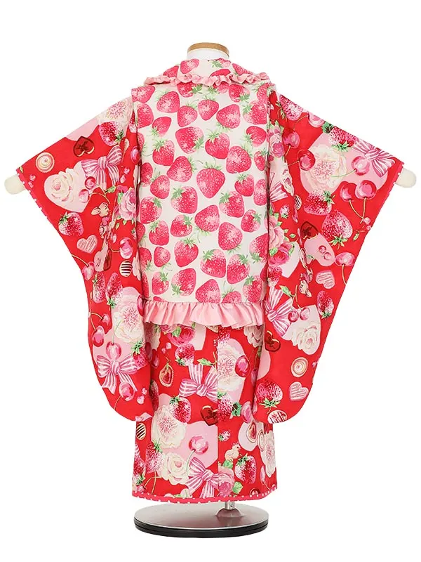 七五三レンタル(3歳女被布)Y381 白×赤 苺 フリル被布 ハートに薔薇