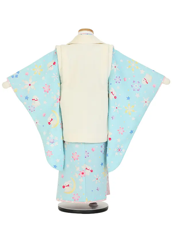 七五三レンタル(3歳女被布)Y382 ベージュ×水色 雪華 うさぎ 雪月花