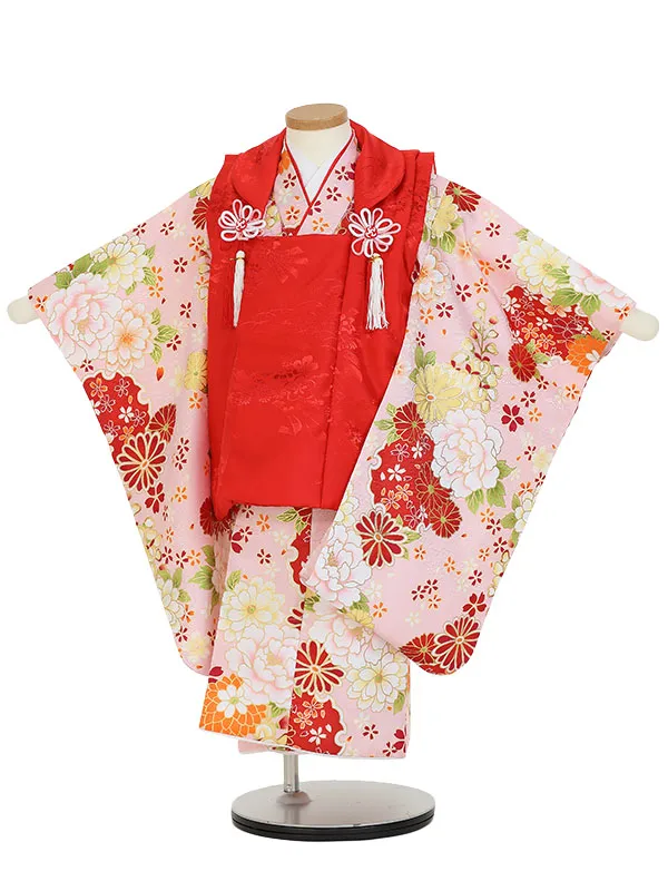 七五三(3歳女被布)Y383 赤×ピンク 四季の花々 牡丹 菊 桜 桐