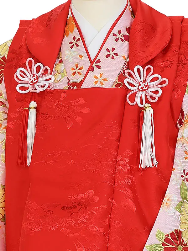 七五三(3歳女被布)Y383 赤×ピンク 四季の花々 牡丹 菊 桜 桐