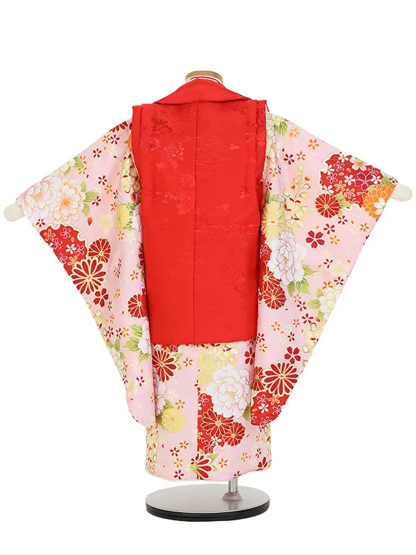 七五三(3歳女被布)Y383 赤×ピンク 四季の花々 牡丹 菊 桜 桐