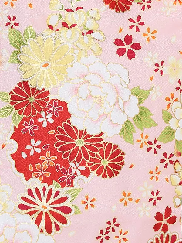 七五三(3歳女被布)Y383 赤×ピンク 四季の花々 牡丹 菊 桜 桐