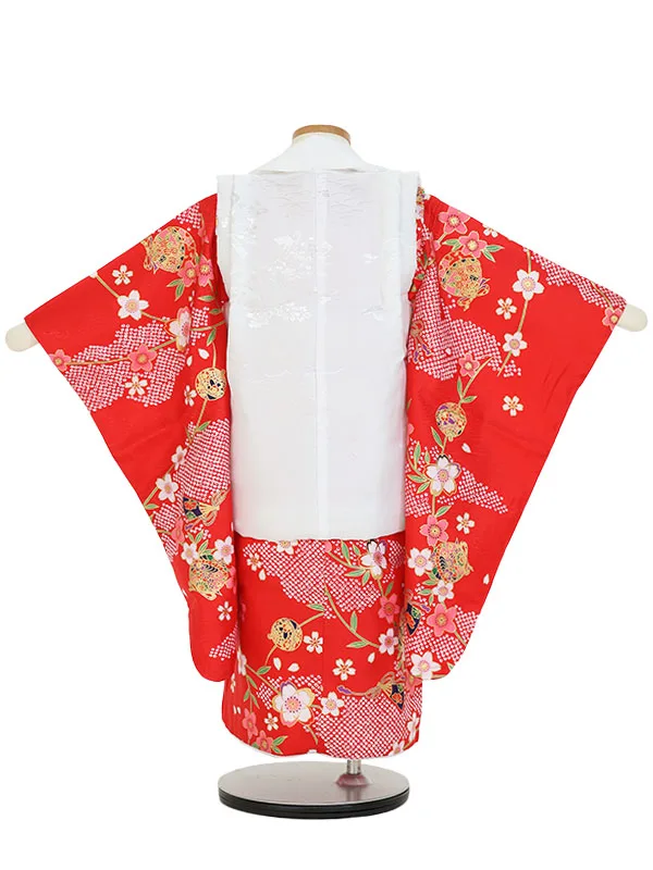 七五三(3歳女被布)Y384 白×赤 桜に鈴 扇 鹿の子