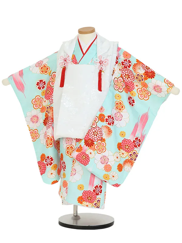 七五三(3歳女被布)Y385 白×水色 桜にねじ梅と菊