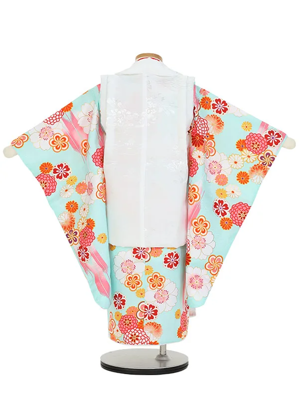 七五三(3歳女被布)Y385 白×水色 桜にねじ梅と菊