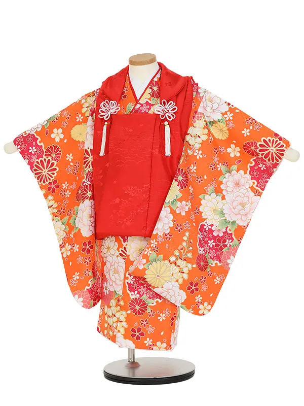 七五三(3歳女被布)Y386 赤×オレンジ 四季の花々 牡丹 菊 桜 桐