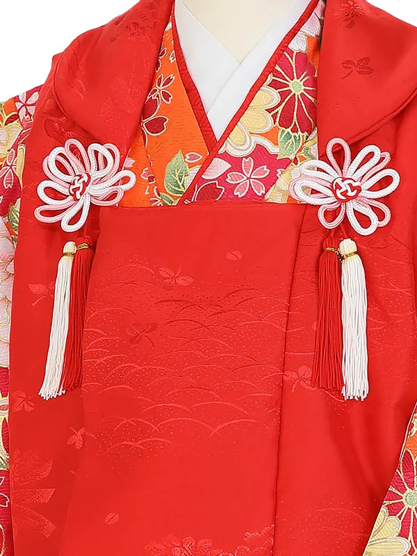 七五三(3歳女被布)Y386 赤×オレンジ 四季の花々 牡丹 菊 桜 桐