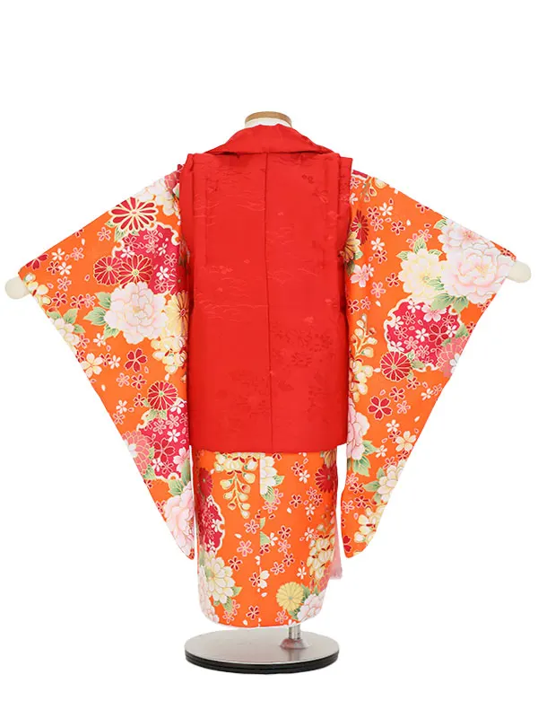 七五三(3歳女被布)Y386 赤×オレンジ 四季の花々 牡丹 菊 桜 桐