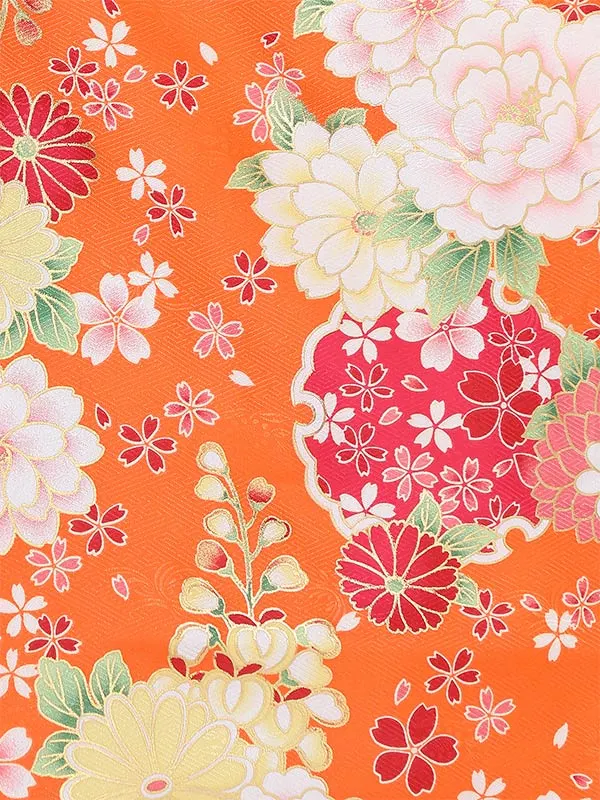七五三(3歳女被布)Y386 赤×オレンジ 四季の花々 牡丹 菊 桜 桐