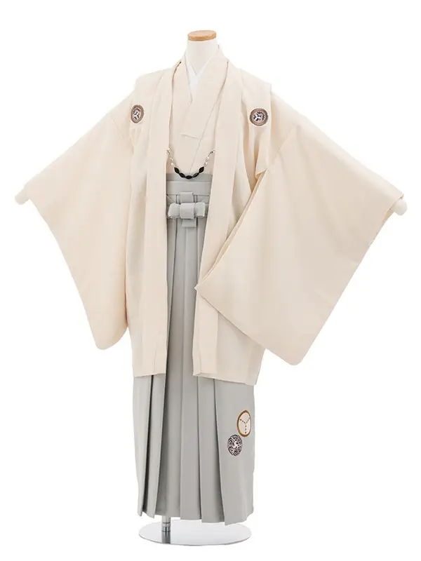 小学生卒業式袴男児0011 クリーム地 刺しゅう紋×グレー袴