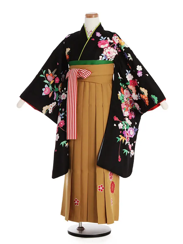 ジュニア袴(女児)陽気な天使 黒地小花毬柄×ｶｰｷ袴 1001