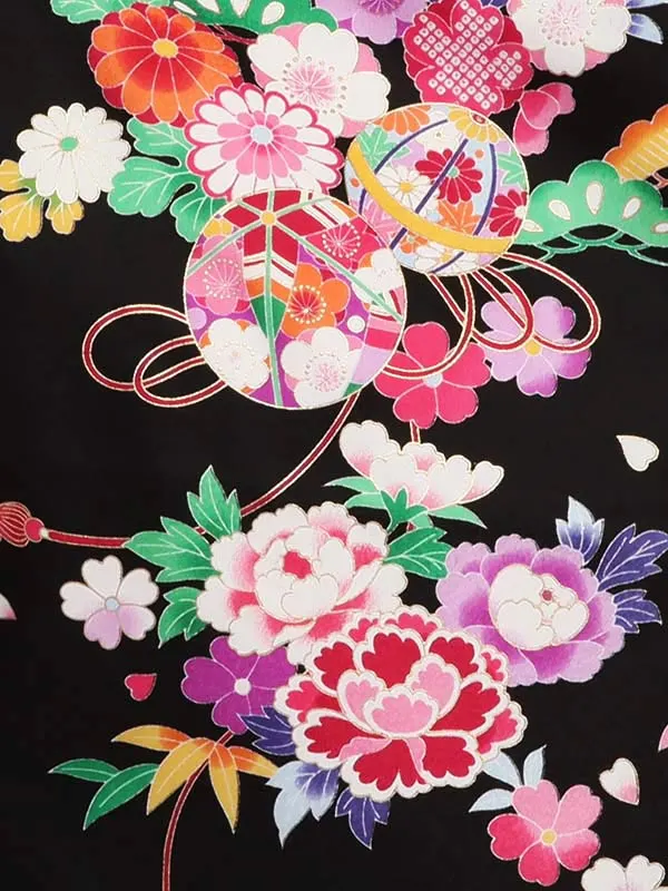 ジュニア袴(女児)陽気な天使 黒地小花毬柄×ｶｰｷ袴 1001