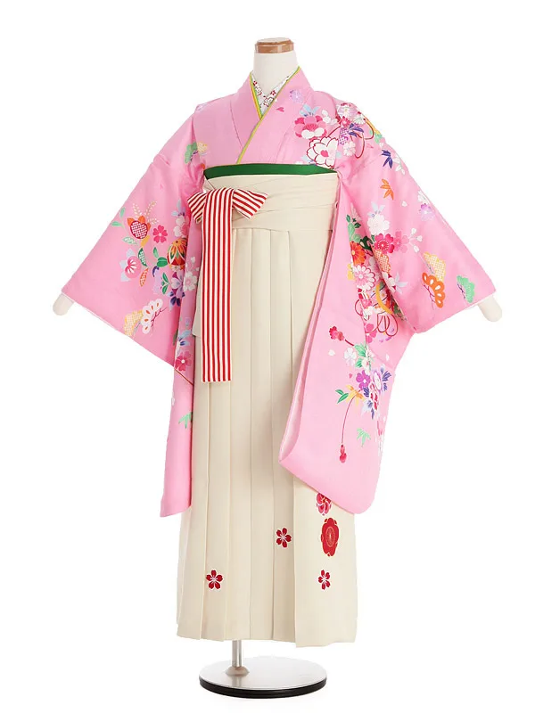ジュニア袴(女児)陽気な天使 ピンク地小花柄×白袴 1002