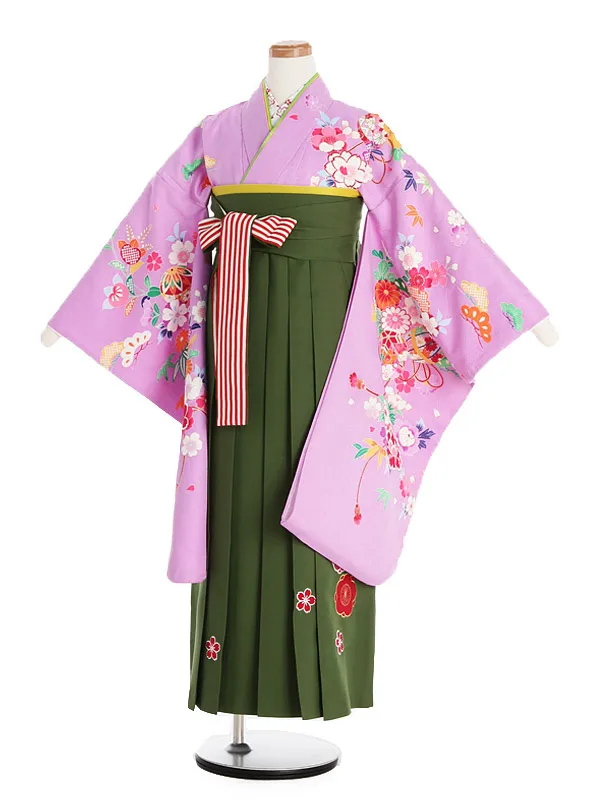 ジュニア袴(女児)陽気な天使 紫地小花柄×緑袴 1003