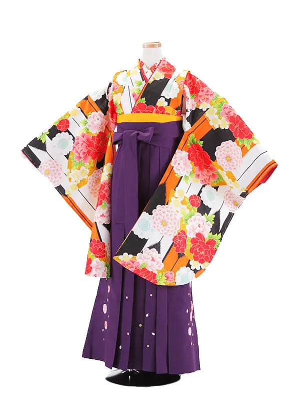 小学生卒業式袴 (女児)黒地牡丹矢絣×紫 1305