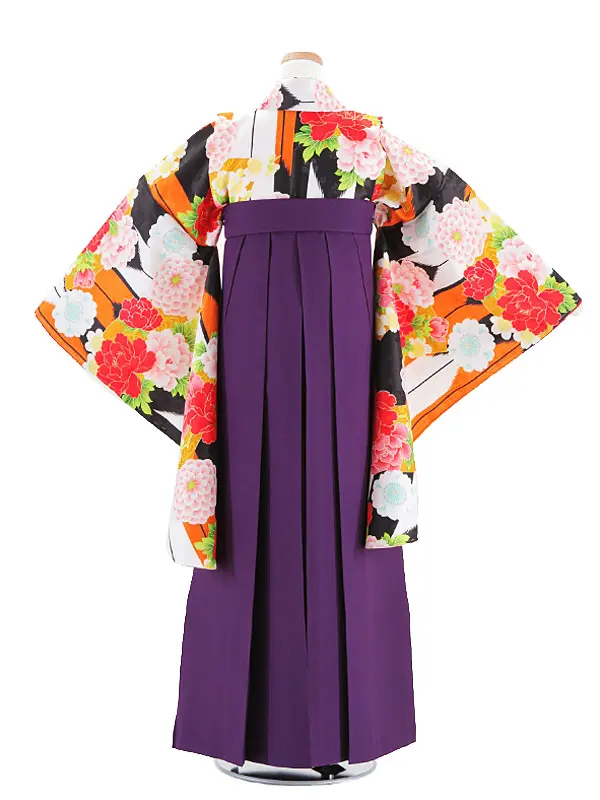 小学生卒業式袴 (女児)黒地牡丹矢絣×紫 1305