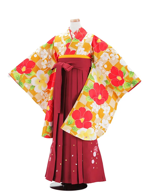 小学生卒業式袴 (女児)からし色椿柄×エンジ 1306