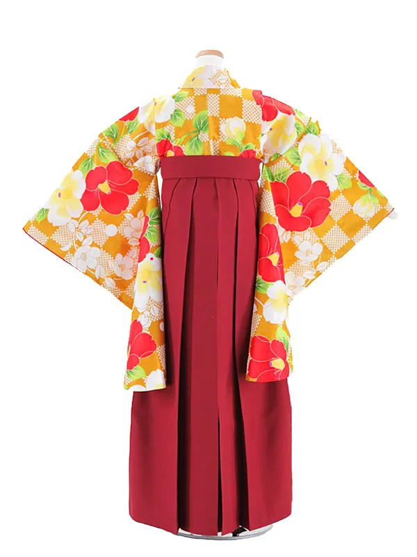 小学生卒業式袴 (女児)からし色椿柄×エンジ 1306