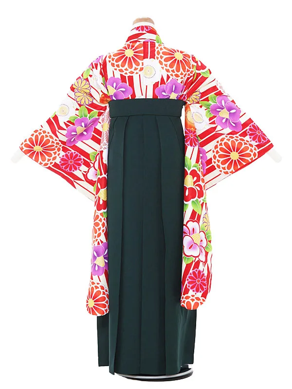 小学生卒業式袴 (女児)赤×緑/椿・ダリア1314