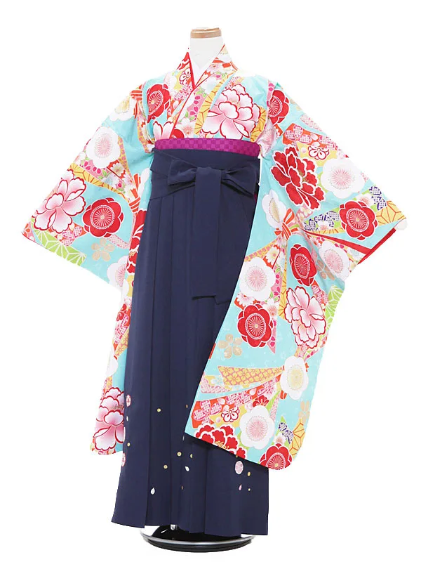 小学生卒業式袴 (女児)水色×紺/梅と束のし1317