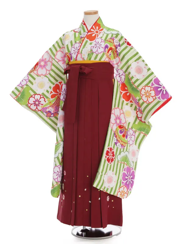 夢千代 クリーム×緑ストライプ地毬桜柄×エンジ袴 1320