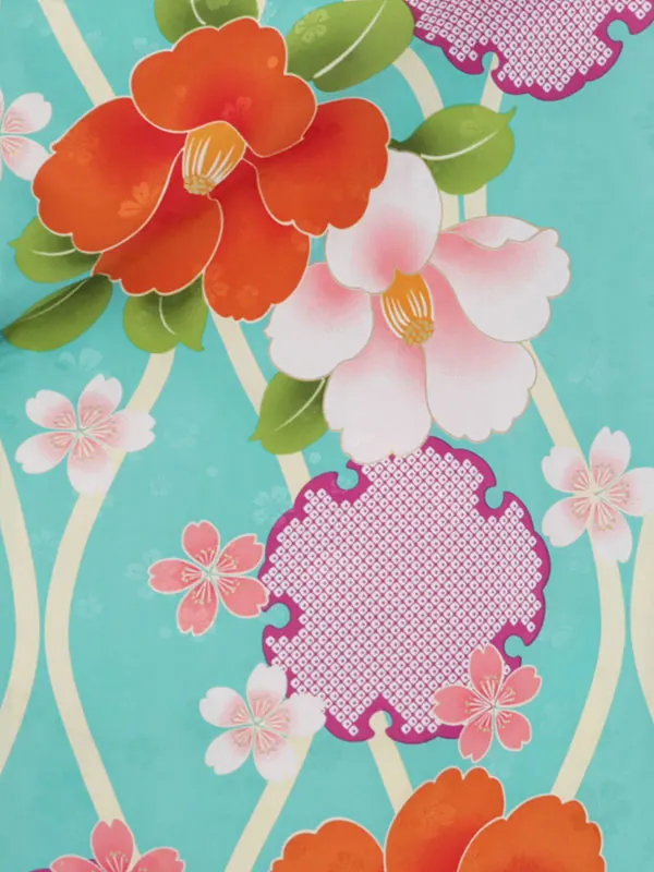 夢千代 水色地椿桜柄×紫袴 1322