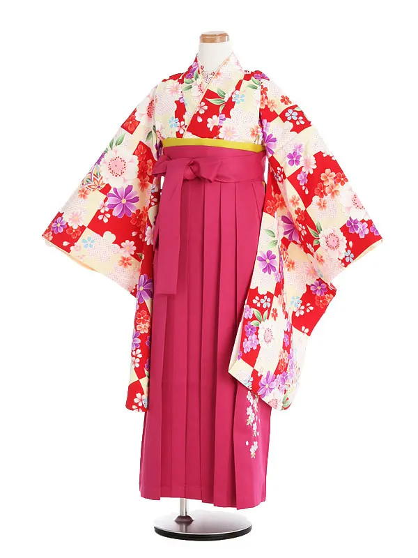 ジュニア袴(女児)赤地小花毬柄×ピンク袴 1328