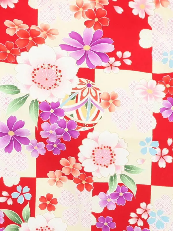 ジュニア袴(女児)赤地小花毬柄×ピンク袴 1328