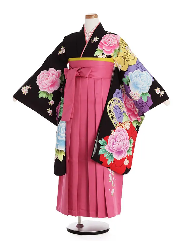 ジュニア袴(女児)黒地大輪しゃくやく柄×ピンク袴 1330