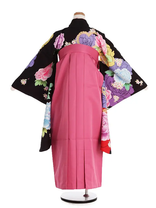 ジュニア袴(女児)黒地大輪しゃくやく柄×ピンク袴 1330