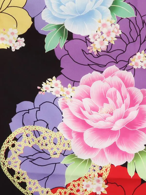 ジュニア袴(女児)黒地大輪しゃくやく柄×ピンク袴 1330