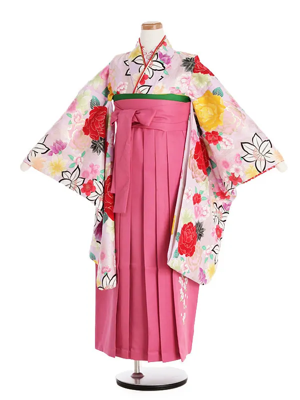 ジュニア袴(女児)薄紫地大輪バラ柄×ピンク袴 1331